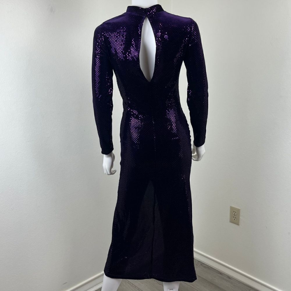 Zara Women Size XS Purple Sequins Velvet Ruched Midi Dress Long Sleeve Mock Neck - Picture 7 of 15